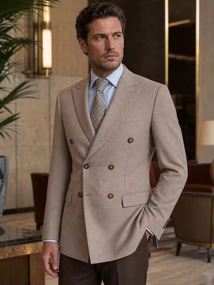 ST Cassy High Quality Jacket+pants elegant light coffee fine grain double breasted gentleman's suit set Stereoscopic cutting lapel collar