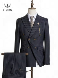 ST Cassy Men Striped Suit 2 Pieces Double Breasted, Black Pinstripe, Italian Cut British Style High Quality Elegant Jacket & Trousers