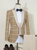 ST Cassy Yellow grid man suit Stylish Groom Suit Set Luxury Wedding Tuxedo Men's Formal Blazer Party Wear
