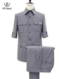 ST Cassy Short Sleeve man suits Safari 2 Piece set Jacket +Pants Business Outwear Costum leisure Summer thin version High quality