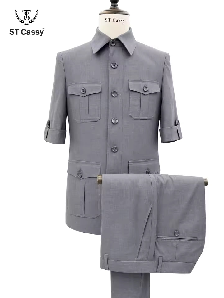 ST Cassy Short Sleeve man suits Safari 2 Piece set Jacket +Pants Business Outwear Costum leisure Summer thin version High quality