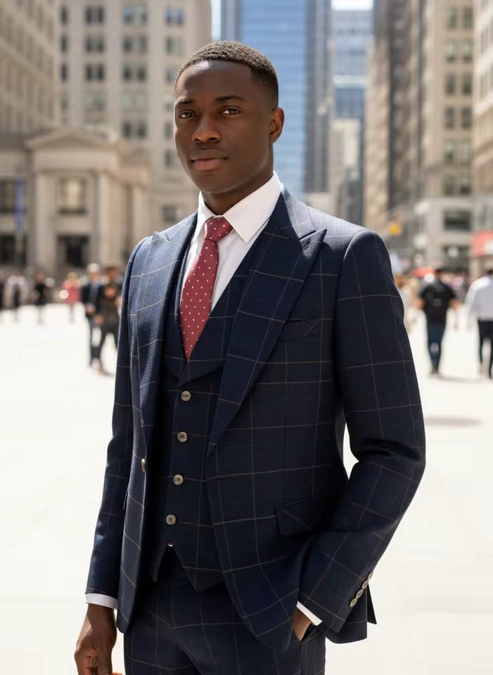 ST Cassy high quality 3 Piece Checkered Suit Set dark blue Stylish Business Office Wedding Formal Outfit Elegant full man suit