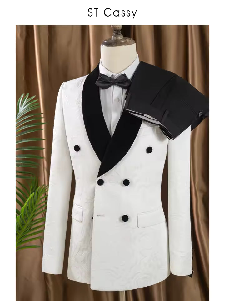 ST Cassy double-breasted groom's wedding 2 piece set men's white slim fit leisure Tasdo shawl collar‌ evening gown Men's suits