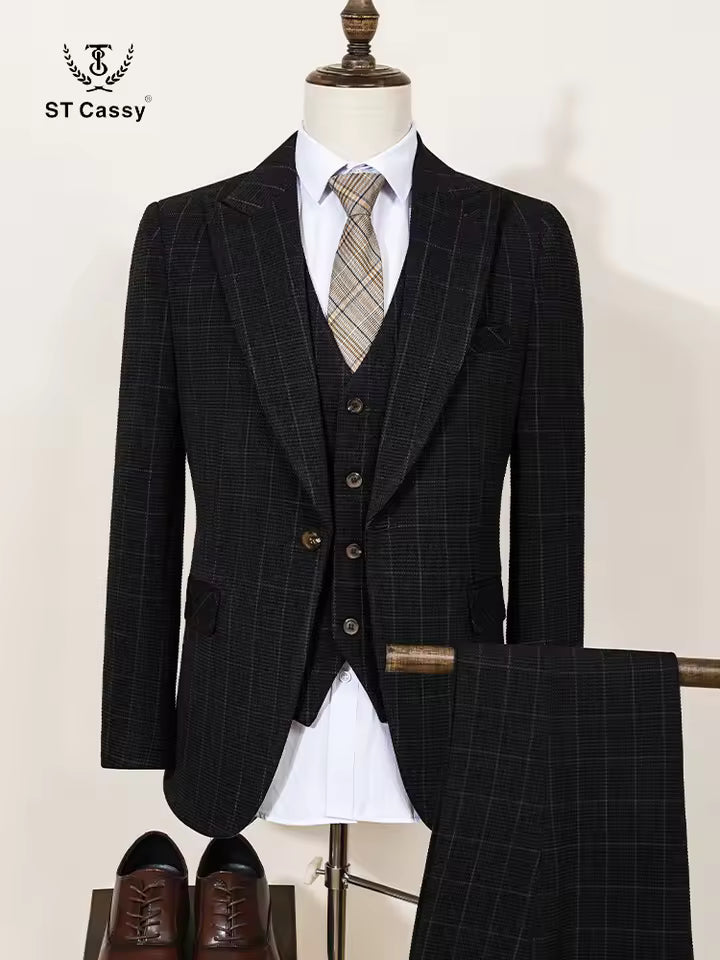 ST Cassy High Quality Men's Plaid suit Slim Fit Male Groom Wedding Blazers evening gown（jacket+Vest+Pants）