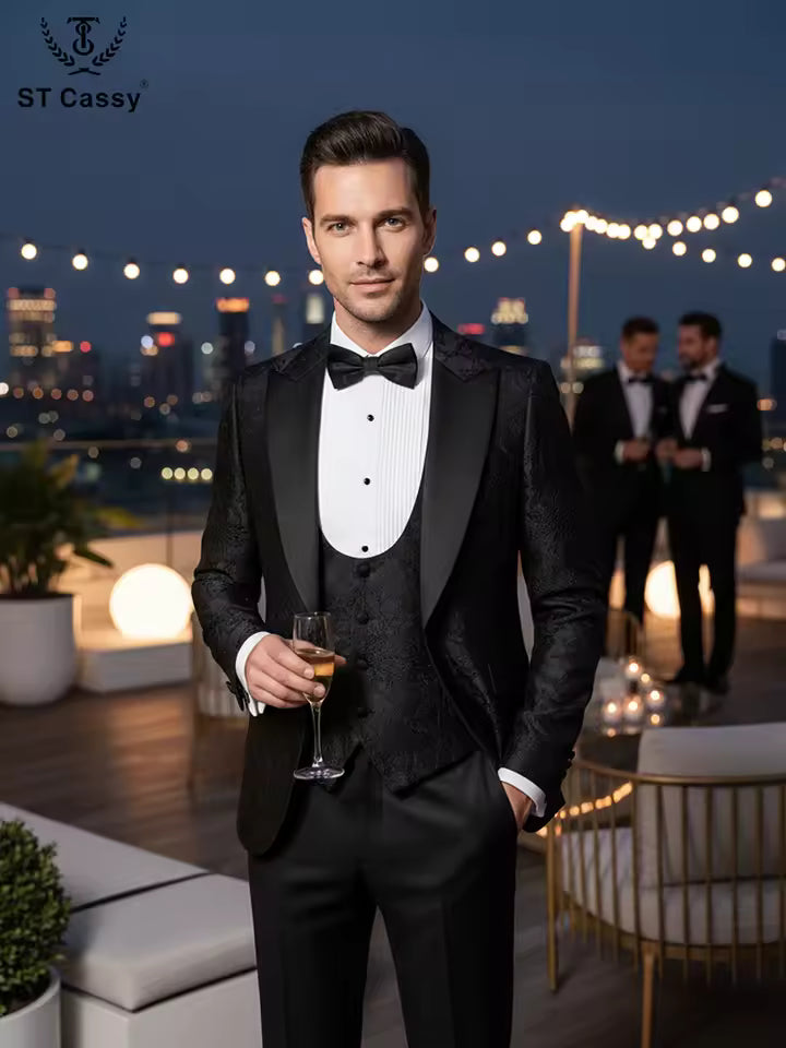 ST Cassy High Quality Retro carving Party Dress Slim Fit Tuxedo Prom Suit Fashion black Male Groom Wedding three-piece