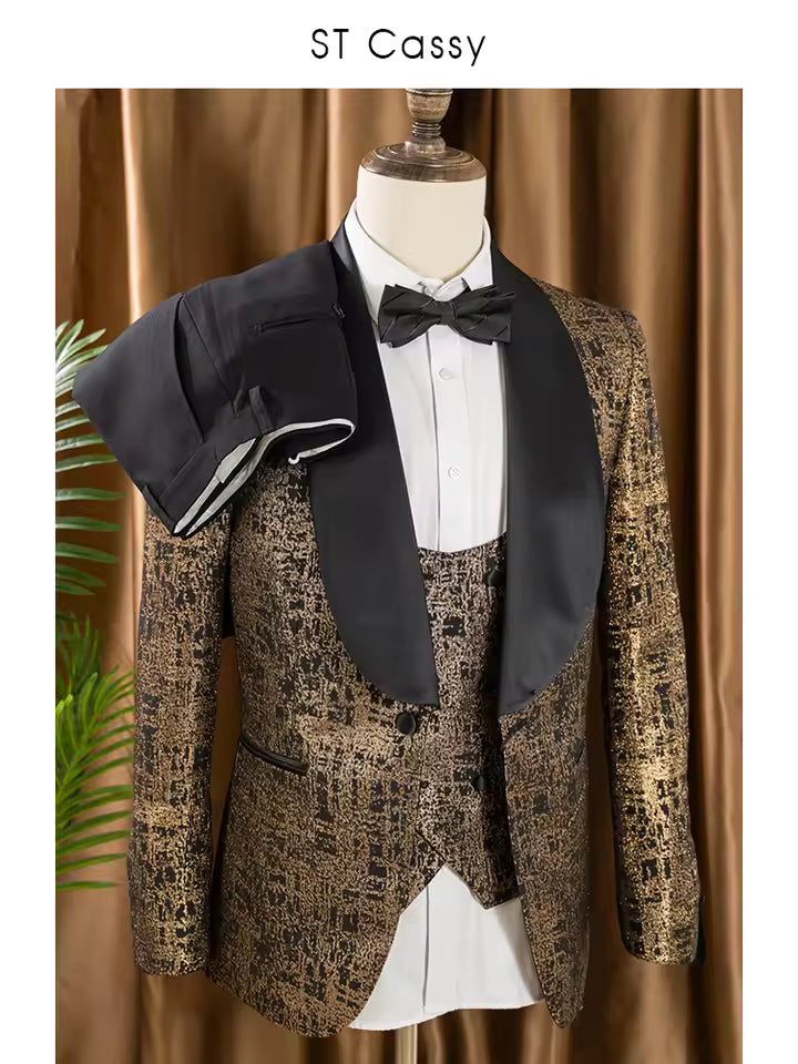 ST Cassy Luxury men's suit 3-piece black gold groom's wedding suit set, men's slim Tasdo big shawl collar evening gown