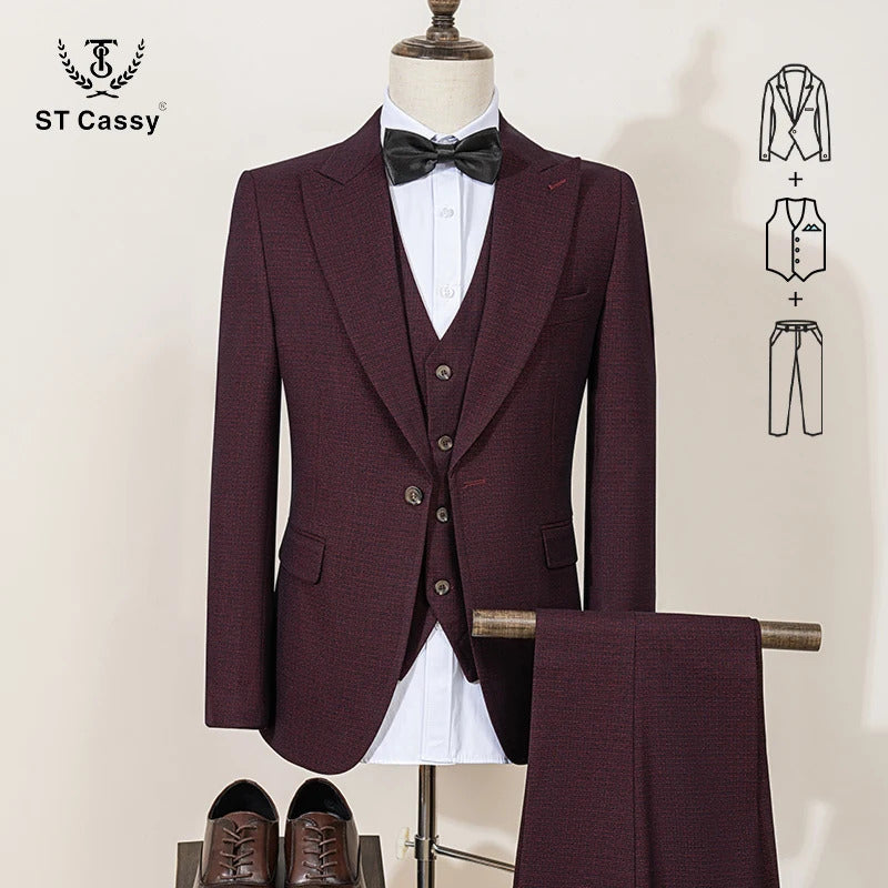 ST Cassy luxury Men Suit Slim Fit Male Groom Wedding Blazers Party Dress  Suit Business Office three-piece