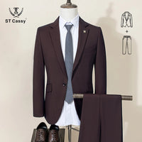 ST Cassy High Quality Men's Suit Slim Fit Solid Color Suit Formal Business Office Single Breasted Coat Pants 2 Pieces Set