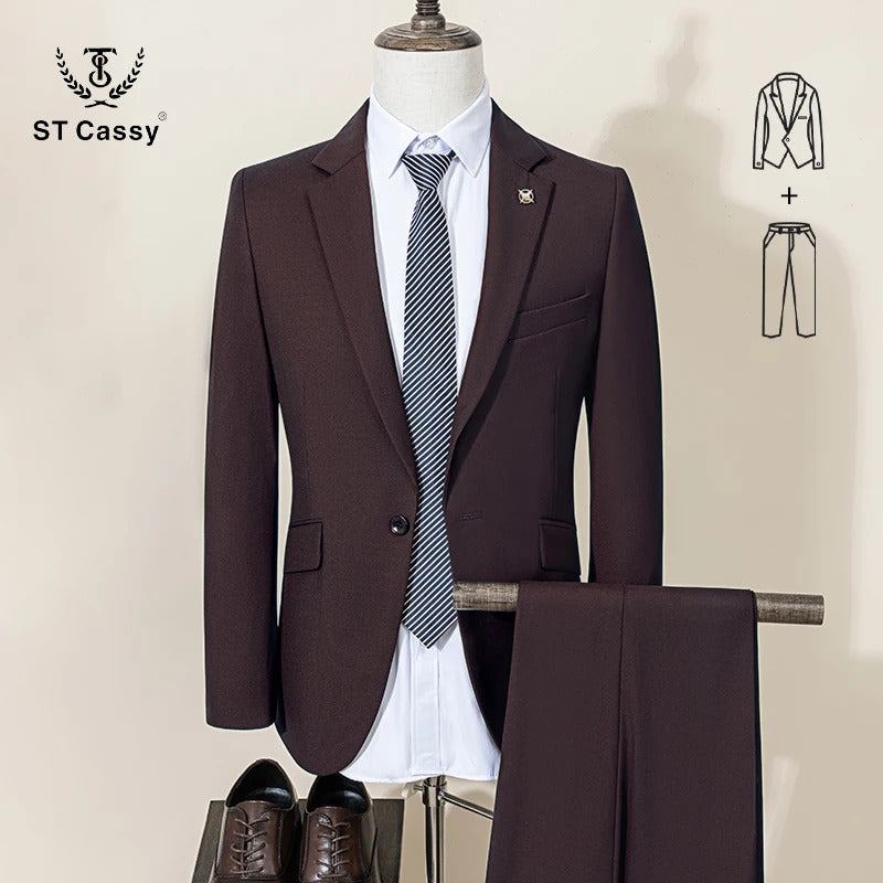 ST Cassy High Quality Men's Suit Slim Fit Solid Color Suit Formal Business Office Single Breasted Coat Pants 2 Pieces Set