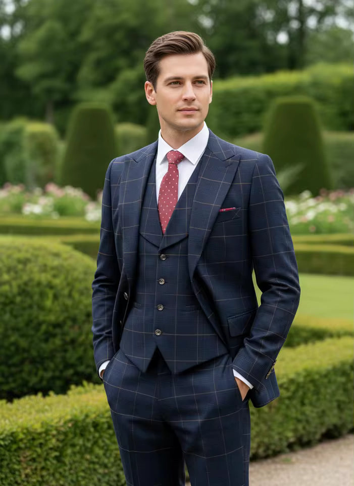 ST Cassy high quality 3 Piece Checkered Suit Set dark blue Stylish Business Office Wedding Formal Outfit Elegant full man suit