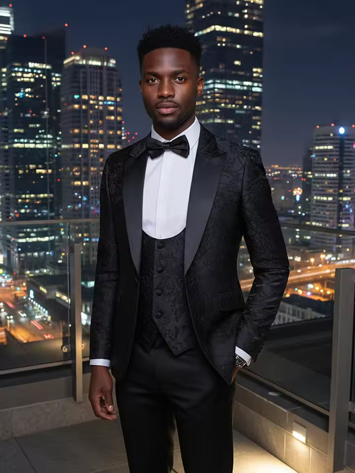 ST Cassy High Quality Retro carving Party Dress Slim Fit Tuxedo Prom Suit Fashion black Male Groom Wedding three-piece