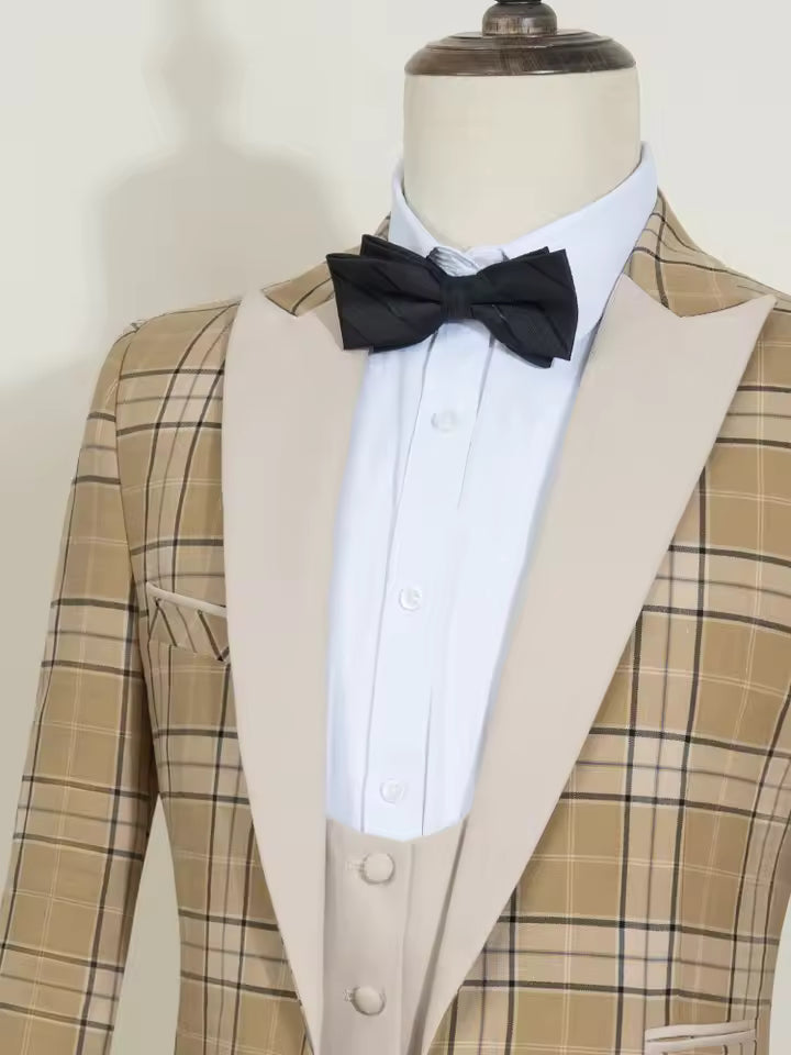 ST Cassy Yellow grid man suit Stylish Groom Suit Set Luxury Wedding Tuxedo Men's Formal Blazer Party Wear