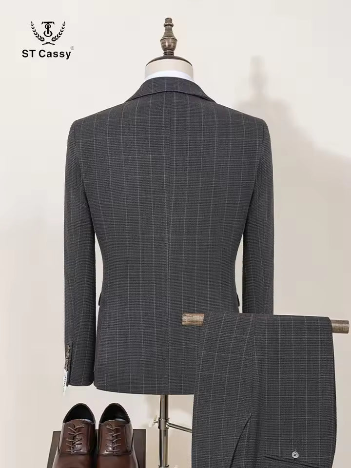 ST Cassy High Quality Men's Plaid suit Slim Fit Male Groom Wedding Blazers evening gown（jacket+Vest+Pants）