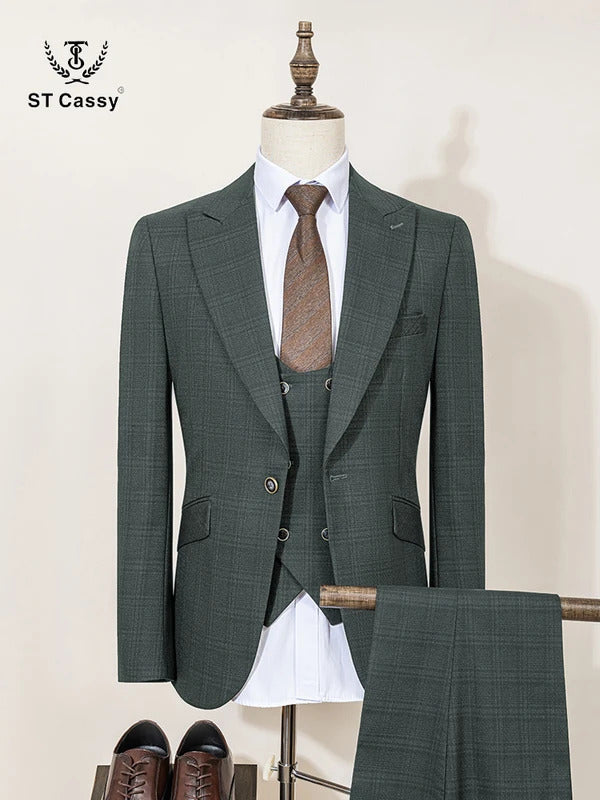 ST Cassy High Quality Green suit Formal Business Office Men's Suits Slim fit casual suit（jacket+Vest+Pants）