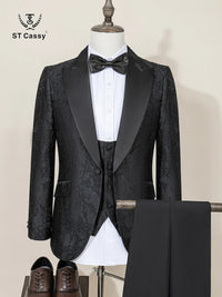 ST Cassy High Quality Retro carving Party Dress Slim Fit Tuxedo Prom Suit Fashion black Male Groom Wedding three-piece