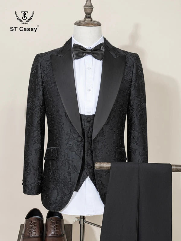 ST Cassy High Quality Retro carving Party Dress Slim Fit Tuxedo Prom Suit Fashion black Male Groom Wedding three-piece