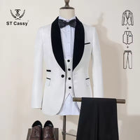 ST Cassy white Male Groom Wedding shawl collar Blazers figure Party Dress Tuxedo Prom Suit Fashion Slim Fit (jacket+Vest+Pants）