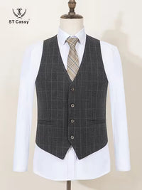 ST Cassy High Quality Men's Plaid suit Slim Fit Male Groom Wedding Blazers evening gown（jacket+Vest+Pants）