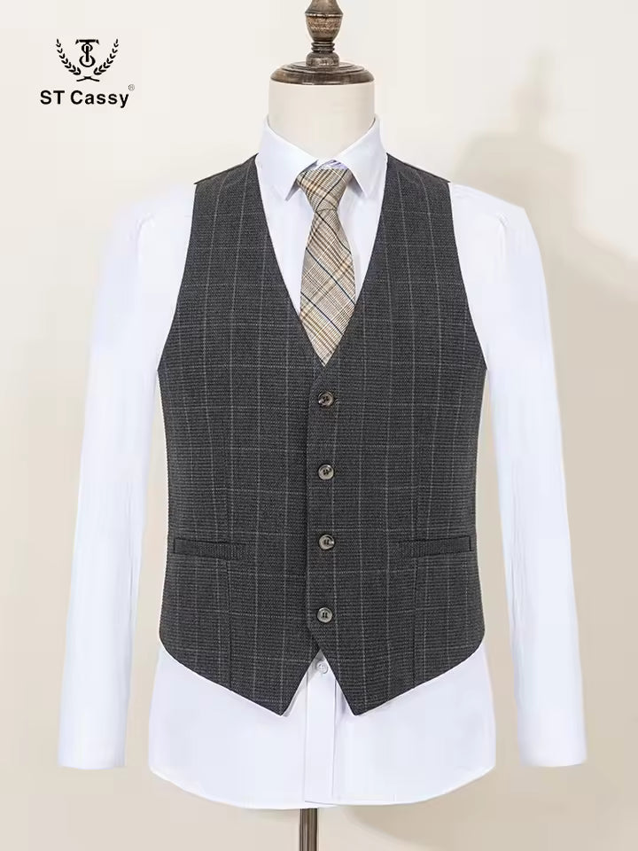 ST Cassy High Quality Men's Plaid suit Slim Fit Male Groom Wedding Blazers evening gown（jacket+Vest+Pants）