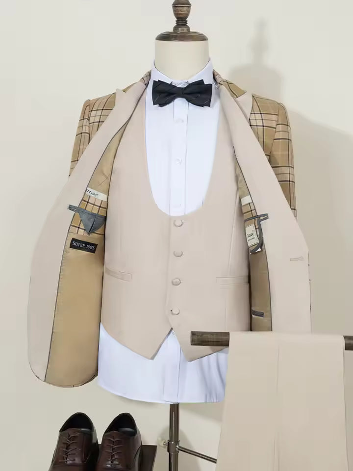 ST Cassy Yellow grid man suit Stylish Groom Suit Set Luxury Wedding Tuxedo Men's Formal Blazer Party Wear