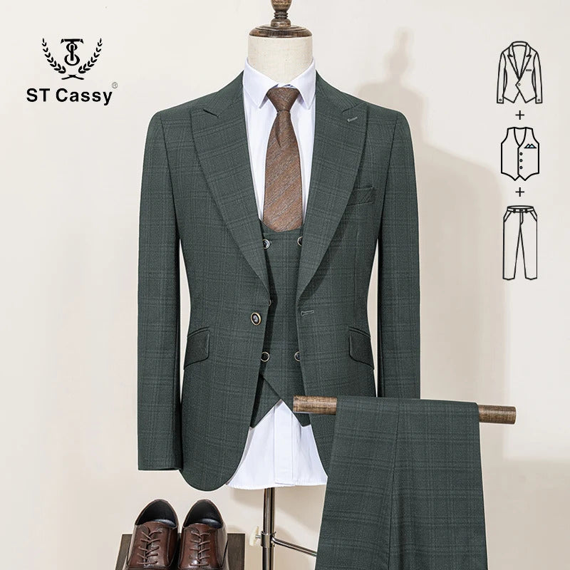ST Cassy High Quality Green suit Formal Business Office Men's Suits Slim fit casual suit（jacket+Vest+Pants）