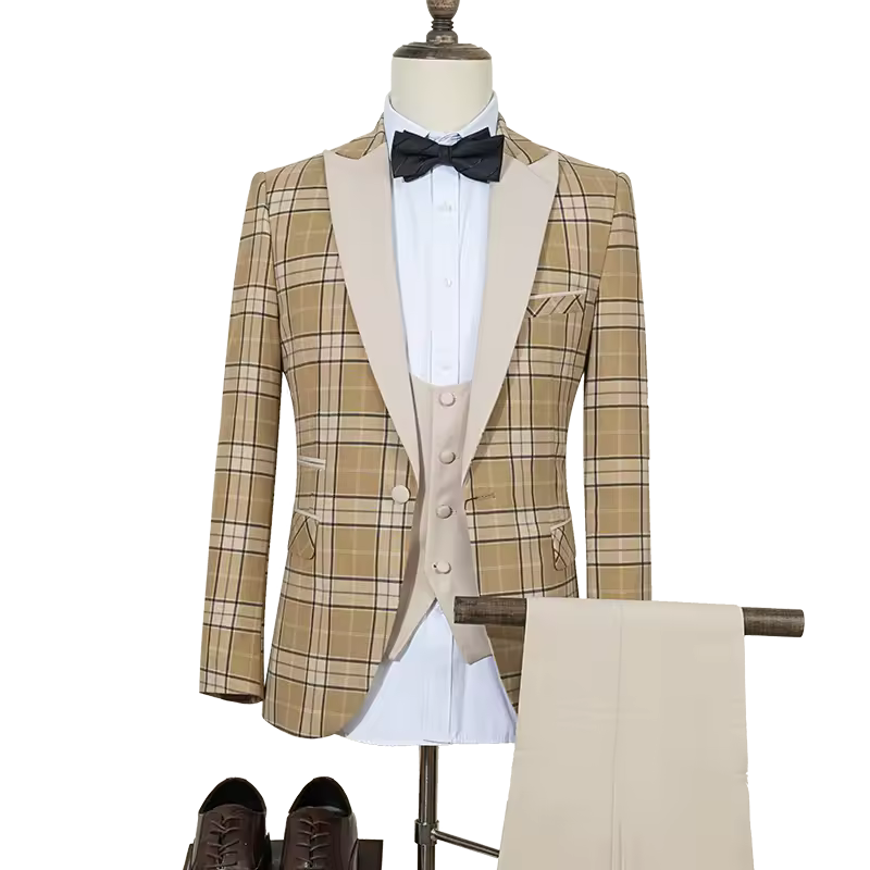 ST Cassy Yellow grid man suit Stylish Groom Suit Set Luxury Wedding Tuxedo Men's Formal Blazer Party Wear
