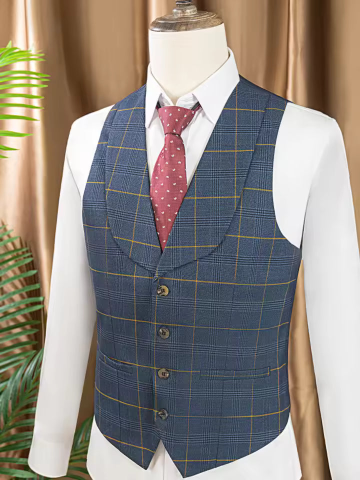 ST Cassy high quality 3 Piece Checkered Suit Set dark blue Stylish Business Office Wedding Formal Outfit Elegant full man suit