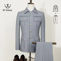 ST Cassy Men's Suit Classic Fit Single Breasted Multiple pockets Solid Color Casual Business Dress Suit