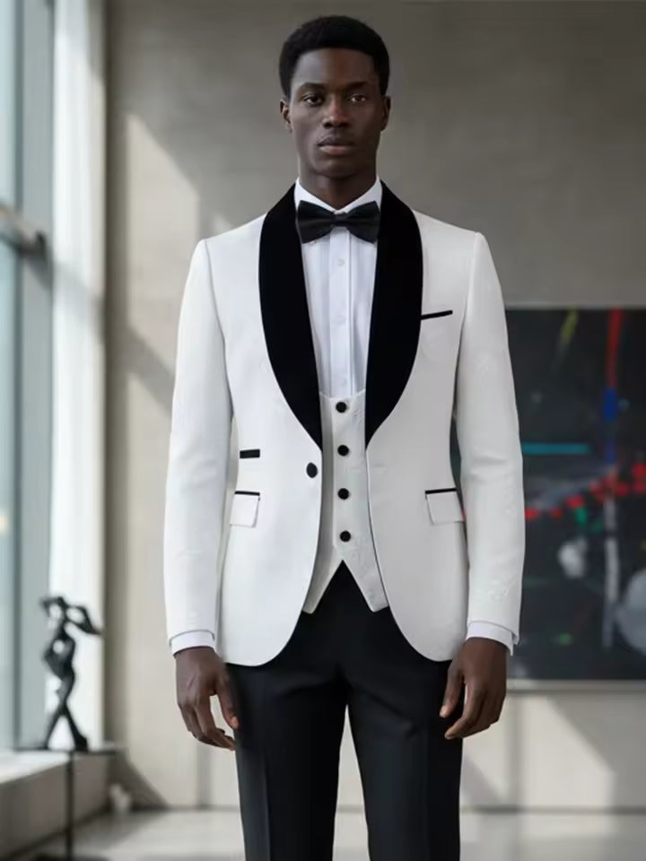 ST Cassy white Male Groom Wedding shawl collar Blazers figure Party Dress Tuxedo Prom Suit Fashion Slim Fit (jacket+Vest+Pants）