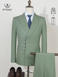 ST Cassy Elegant man suit for wedding Slim Fit Double Breasted Multiple buttons Casual Business man 2 piece outfit set