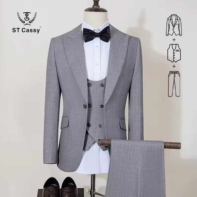 ST Cassy High Quality Men's Suit Slim Fit Male Groom Wedding Blazers Party Dress  Suit Business Office three-piece