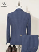 ST Cassy Men Striped suit Double Breasted High-end Brand Formal Business Slim Fit Coat Pants 2 Pieces Set Fashionable and Casual