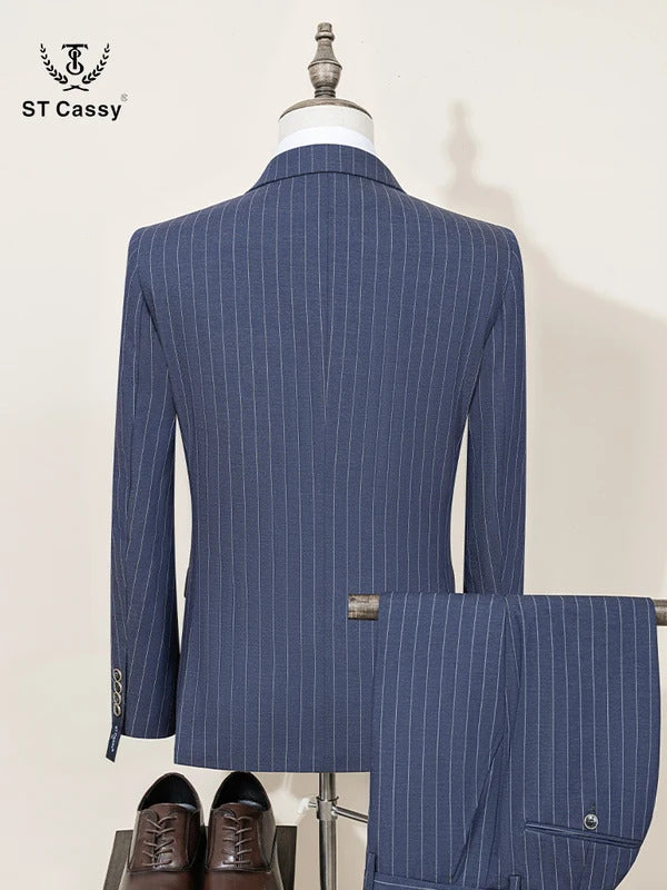 ST Cassy Men Striped suit Double Breasted High-end Brand Formal Business Slim Fit Coat Pants 2 Pieces Set Fashionable and Casual