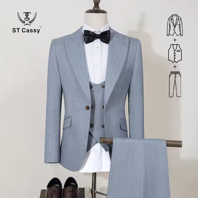 ST Cassy High Quality Men's Suit Slim Fit Male Groom Wedding Blazers Party Dress  Suit Business Office three-piece