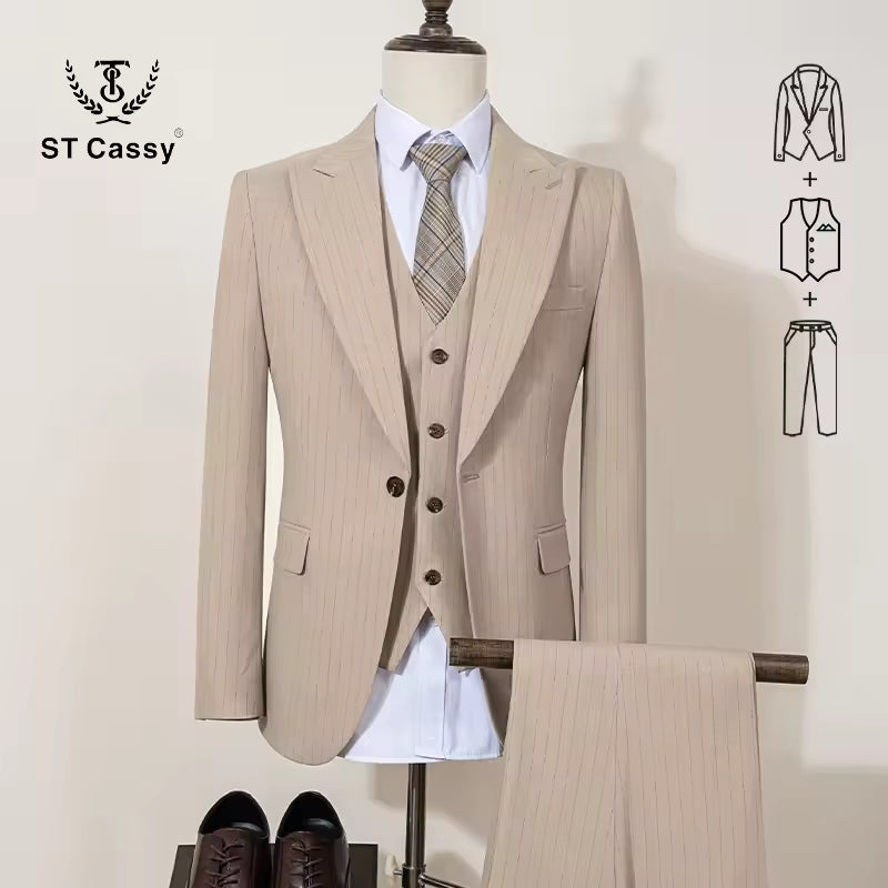 ST Cassy high-quality black striped suit slim fit luxurious and elegant men's business suit wedding fashion clothing 3-piece set