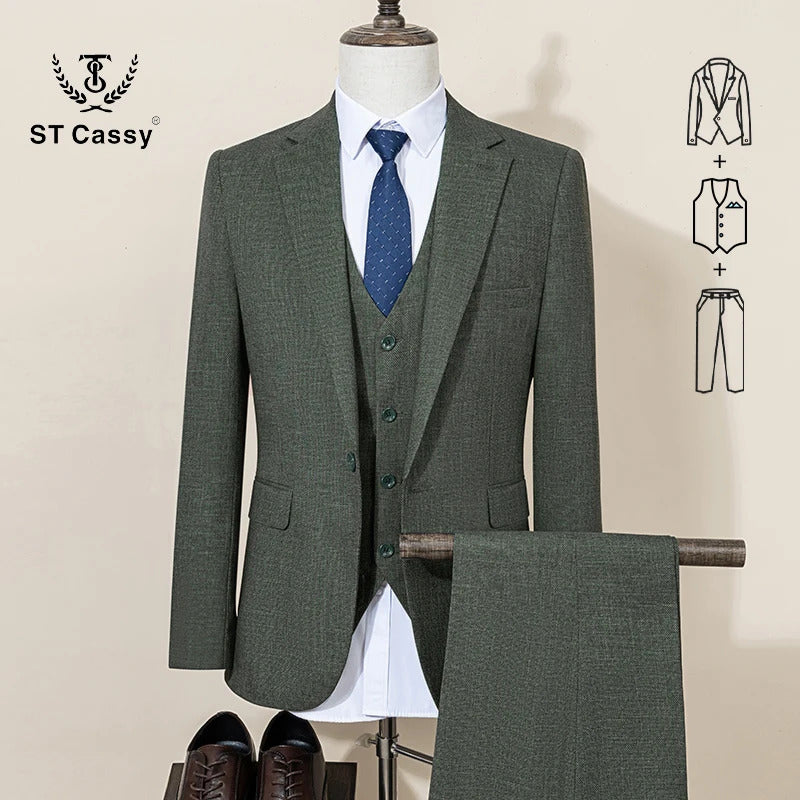 ST Cassy High Quality Formal Business Office Men's Suits Slim Fit Lapel Solid Color Suit（jacket+Vest+Pants）