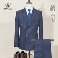 ST Cassy Men Striped suit Double Breasted High-end Brand Formal Business Slim Fit Coat Pants 2 Pieces Set Fashionable and Casual