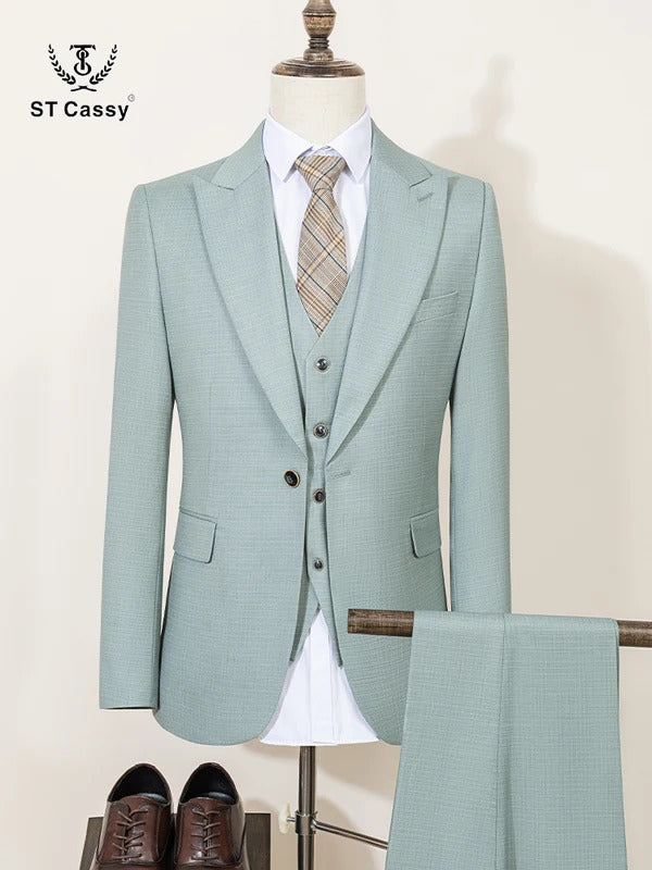 ST Cassy High Quality Men's Suit Summer thin Green  Slim Fit Formal Business Office Men's Suits（jacket+Vest+Pants）