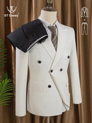 ST cassy Elegant White Double Breasted Suit Set 2 Piece Business Wedding Outfit Classic Stylish Blazer Pants Modern Trendy