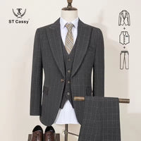 ST Cassy High Quality Men's Plaid suit Slim Fit Male Groom Wedding Blazers evening gown（jacket+Vest+Pants）