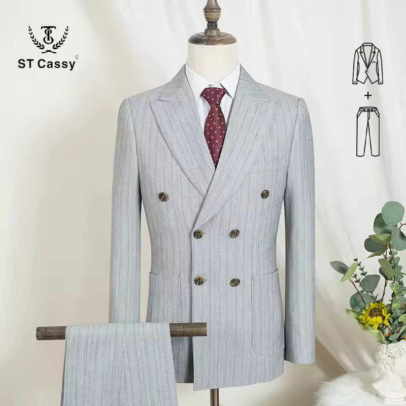 ST cassy gray 2 Pcs set（Jacket+pants）Men's Suit Stripe Double Breasted Wedding Groom costume leisure office Business Suit 2 sold byST Cassy Official St... (4.9 | 1,000+ sold ) 2 sold