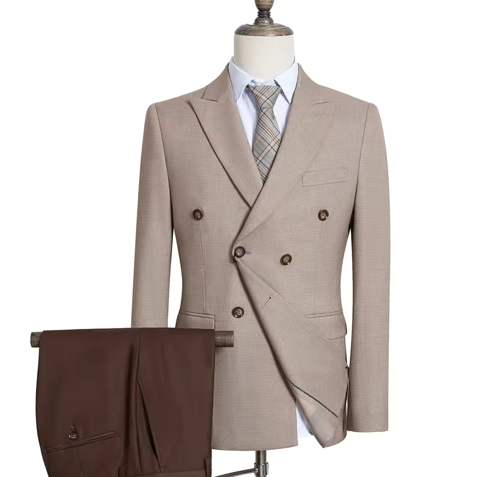 ST Cassy High Quality Jacket+pants elegant light coffee fine grain double breasted gentleman's suit set Stereoscopic cutting lapel collar