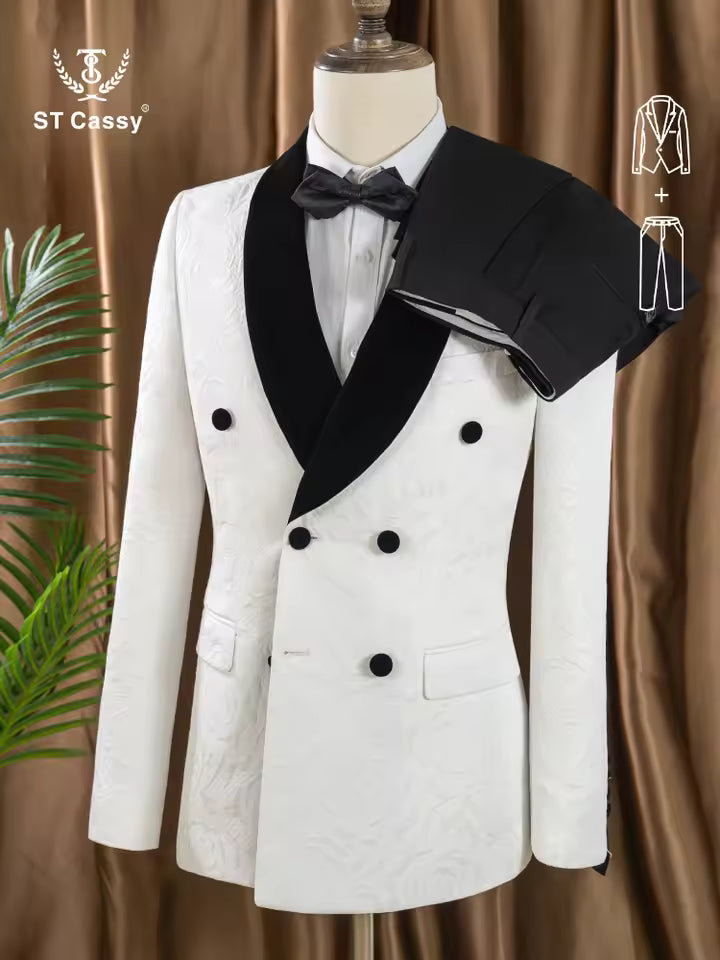 ST Cassy double-breasted groom's wedding 2 piece set men's white slim fit leisure Tasdo shawl collar‌ evening gown Men's suits