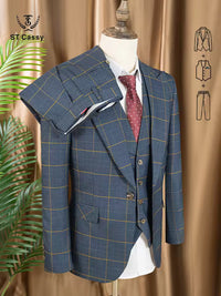 ST Cassy high quality 3 Piece Checkered Suit Set dark blue Stylish Business Office Wedding Formal Outfit Elegant full man suit