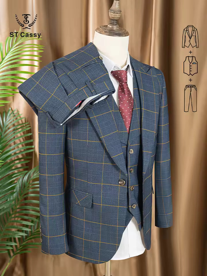 ST Cassy high quality 3 Piece Checkered Suit Set dark blue Stylish Business Office Wedding Formal Outfit Elegant full man suit