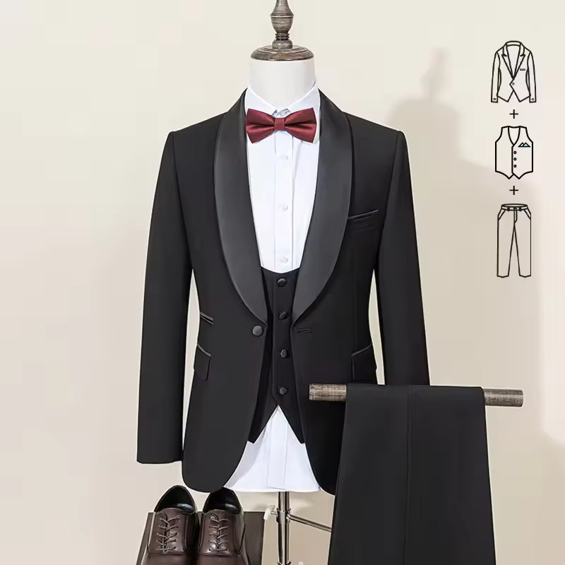 ST Cassy Wedding Groom Dress Men's suit black collar formal dress wedding three-piece suit orthodox suit vest pants