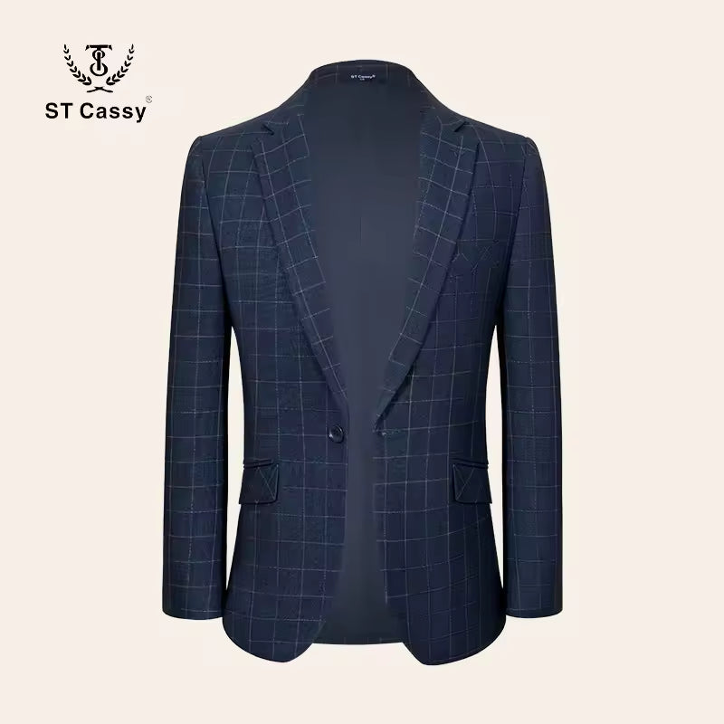 ST Cassy High Quality dark blue Plaid suit One Button Lapel Formal Blazer Slim fit jacket
