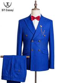 ST Cassy Men Striped Suit 2 Pieces Double Breasted, Black Pinstripe, Italian Cut British Style High Quality Elegant Jacket & Trousers