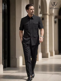 ST Cassy Short Sleeve man suits Safari 2 Piece set Jacket +Pants Business Outwear Costum leisure Summer thin version High quality