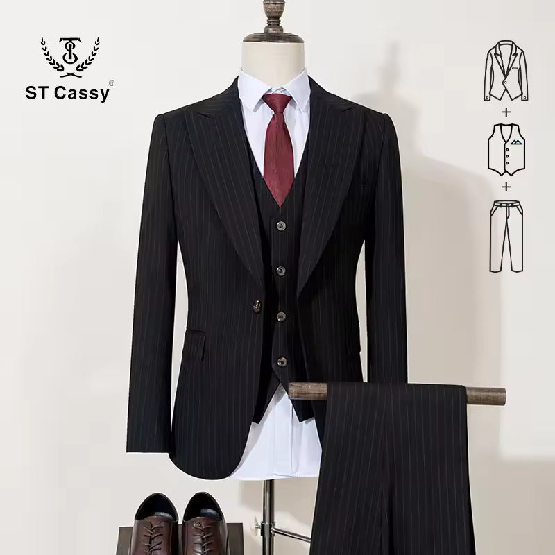 ST Cassy high-quality black striped suit slim fit luxurious and elegant men's business suit wedding fashion clothing 3-piece set